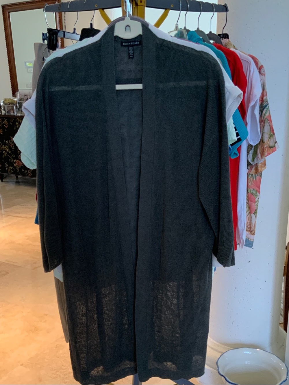 Eileen Fisher Charcoal Open-Front Long Knit Cardigan